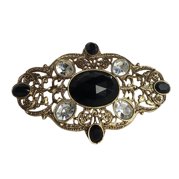 Vtg 1928 Collection Large Gold Tone Black Rhinestone Filigree Pin Brooch - Picture 1 of 3